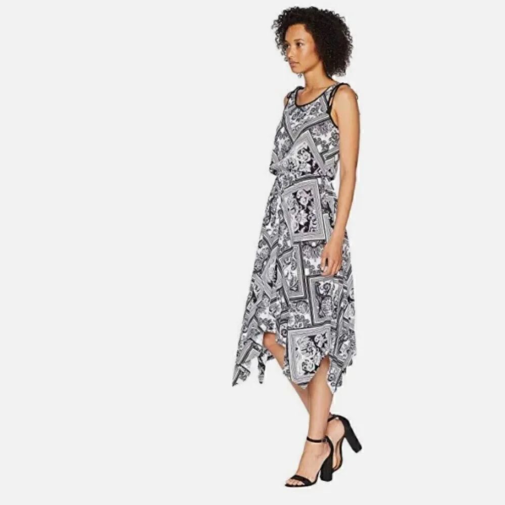 NWT Lauren Ralph Lauren Sleeveless Handkerchief Hem Dress Black White Size Med